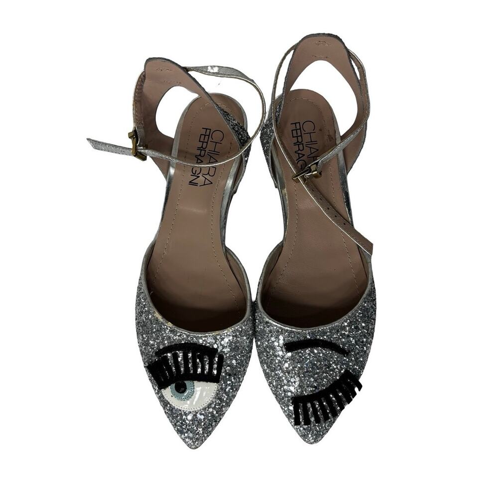 Chiara Ferragni Silver Glitter Wink Eye Pointed Ankle Strap Flats Size 7